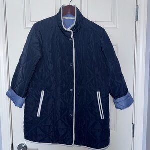 Gallery Navy Quilted Puffer Coat with White Trim